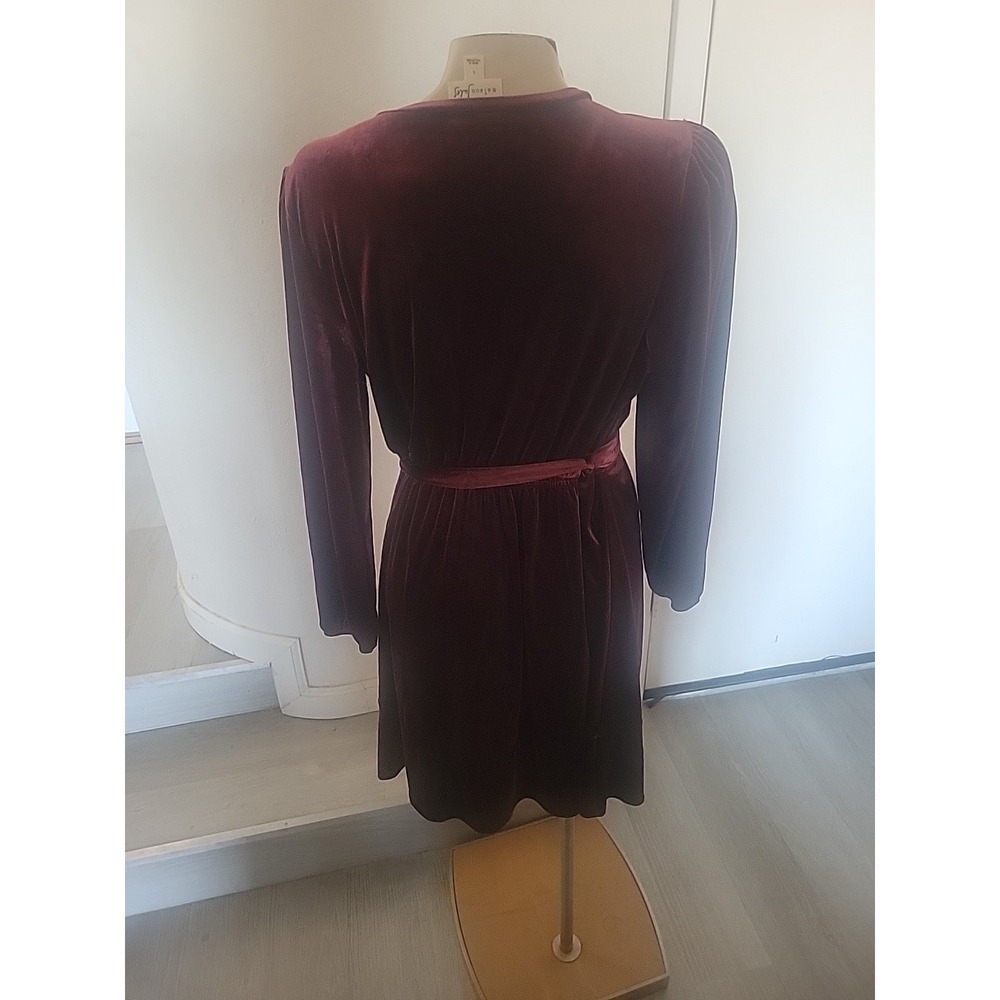 Velvet Burgundy Wrap Dress Long Sleeve Party Elegant Belted Mini gothic emo sexy - Picture 3 of 10